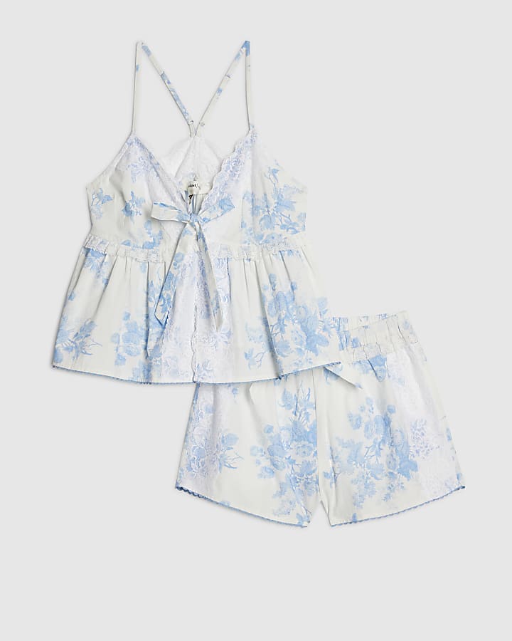 Blue Cotton Floral Lace Trim Shorts Set