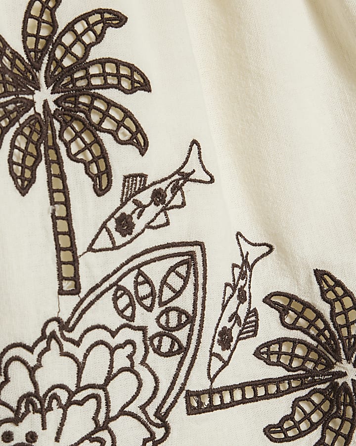 Cream Cotton blend Palm Print Cutwork Shorts