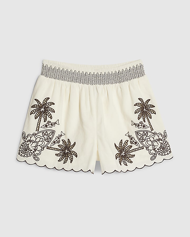 Cream Cotton blend Palm Print Cutwork Shorts