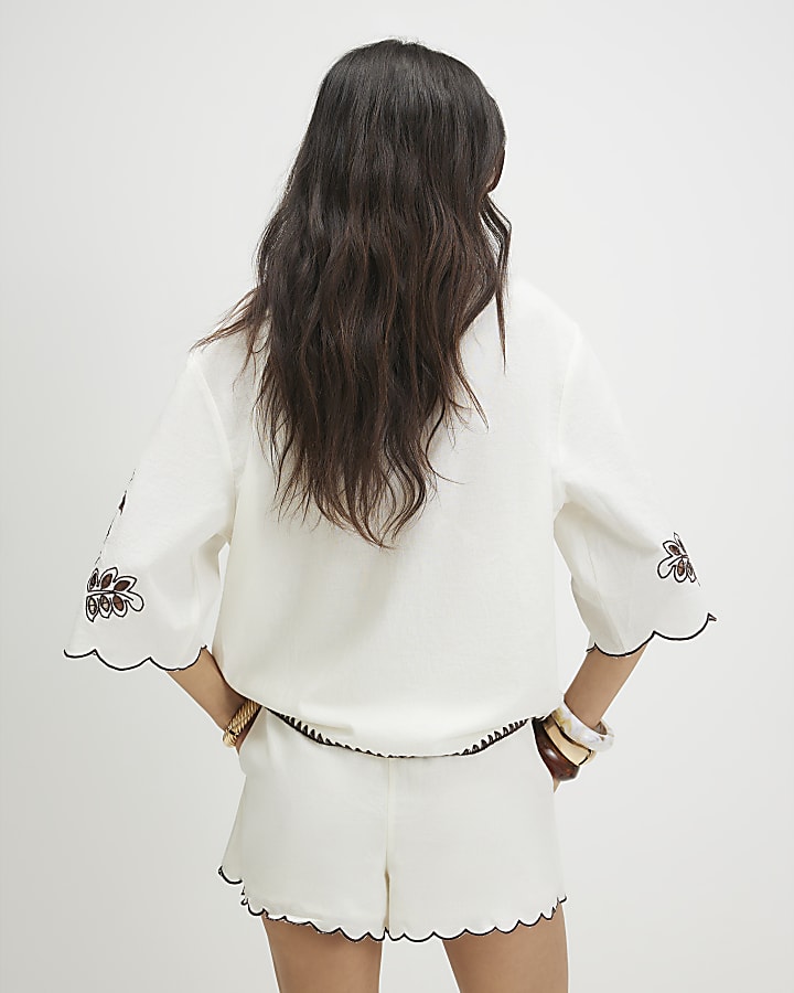 Cream Cotton Blend Palm Print Cutwork Shirt