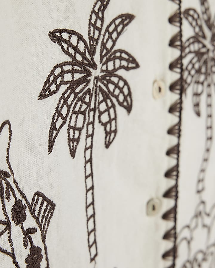 Cream Cotton Blend Palm Print Cutwork Shirt