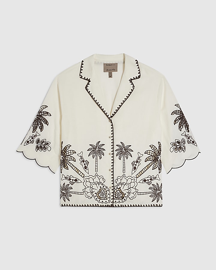 Cream Cotton Blend Palm Print Cutwork Shirt