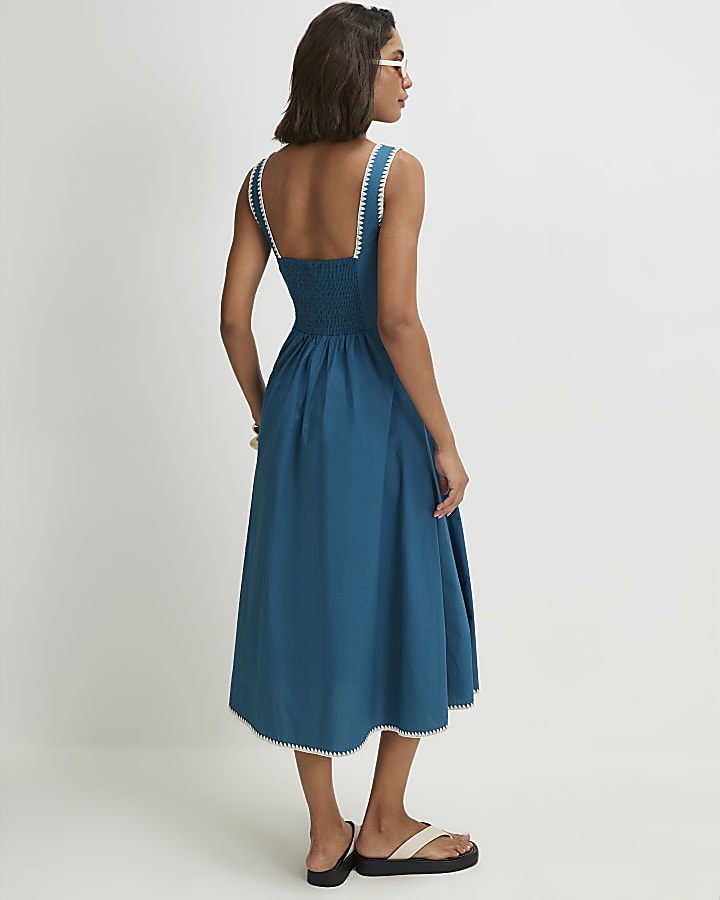 Blue Whipstitch Trim Pleated Midi Dress