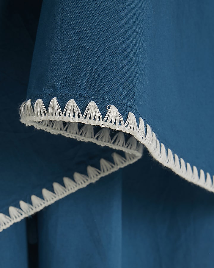 Blue Whipstitch Trim Pleated Midi Dress