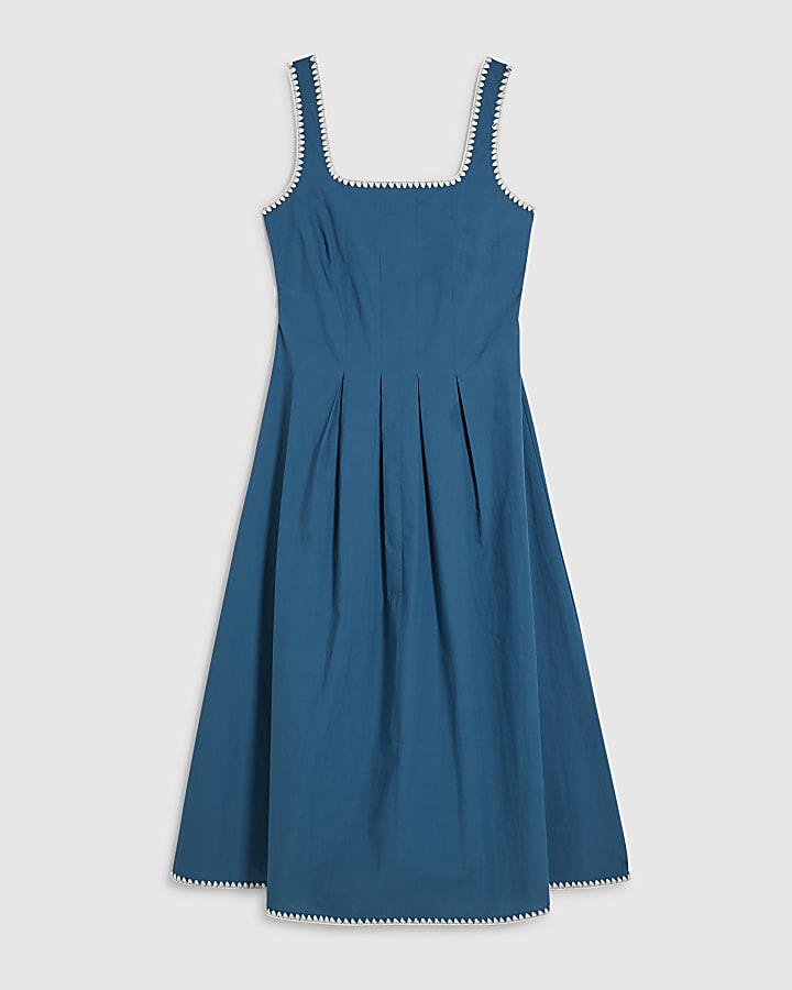 Blue Whipstitch Trim Pleated Midi Dress