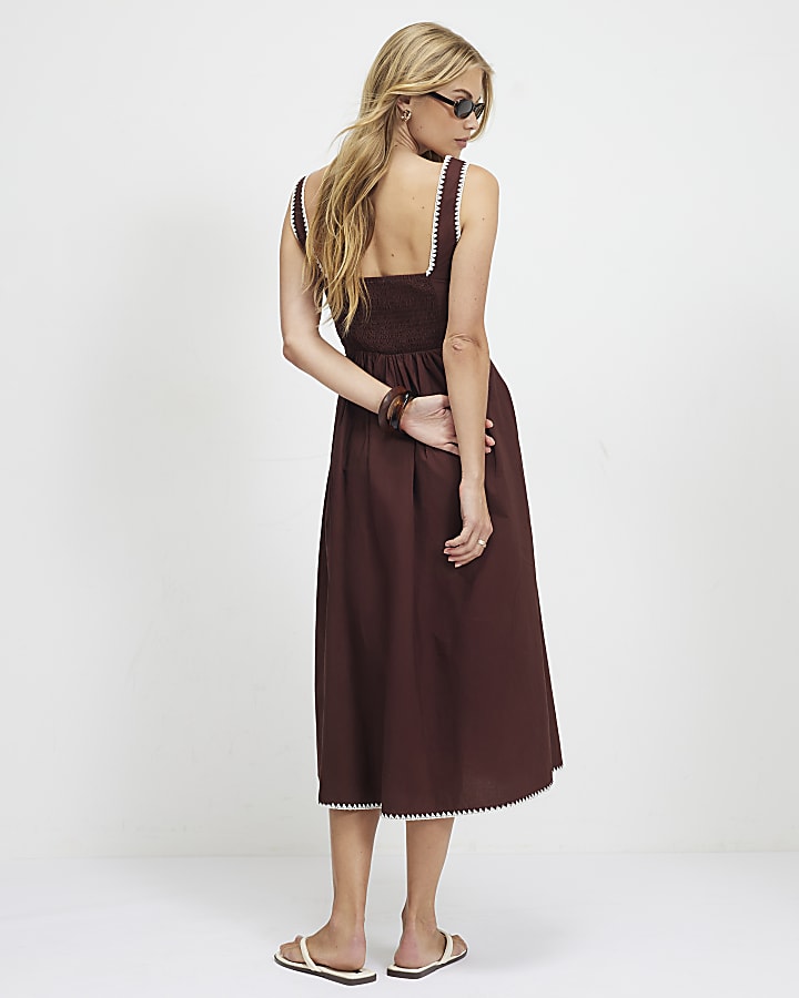 Brown Pleated Poplin Midi Dress