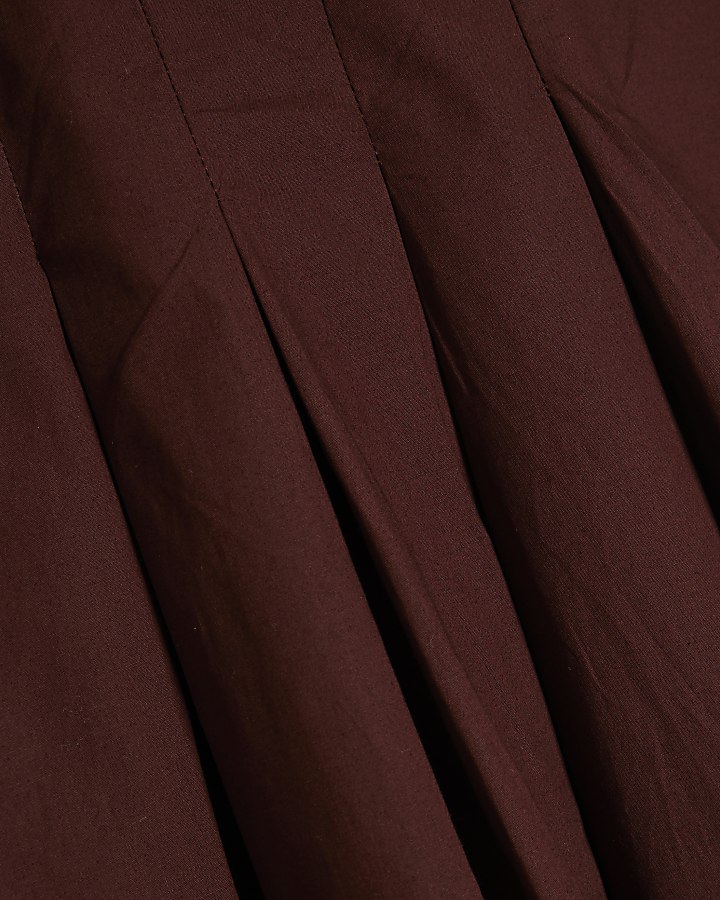 Brown Pleated Poplin Midi Dress