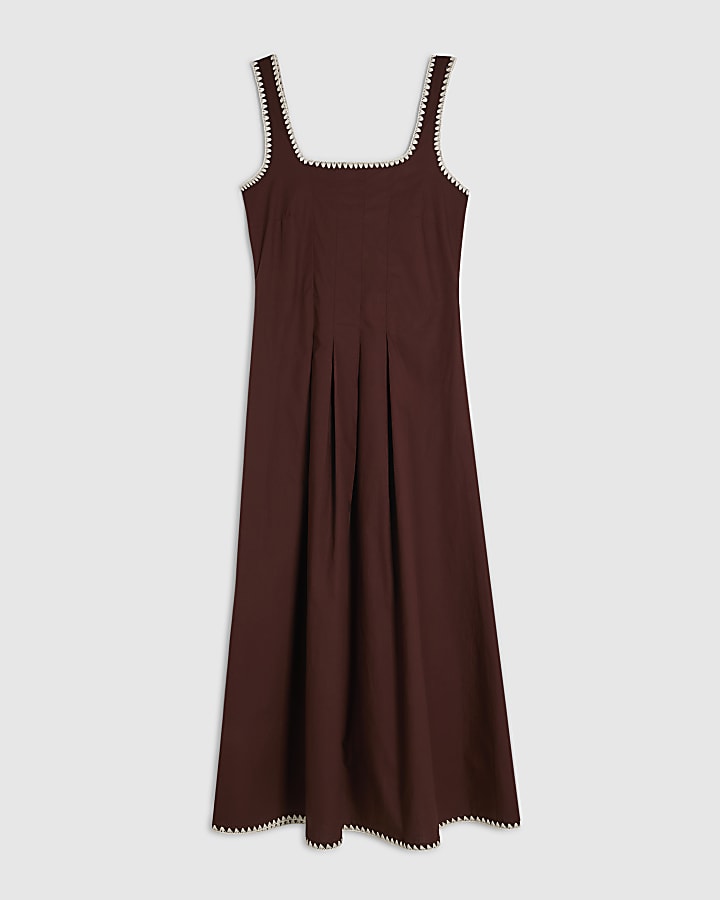 Brown Pleated Poplin Midi Dress