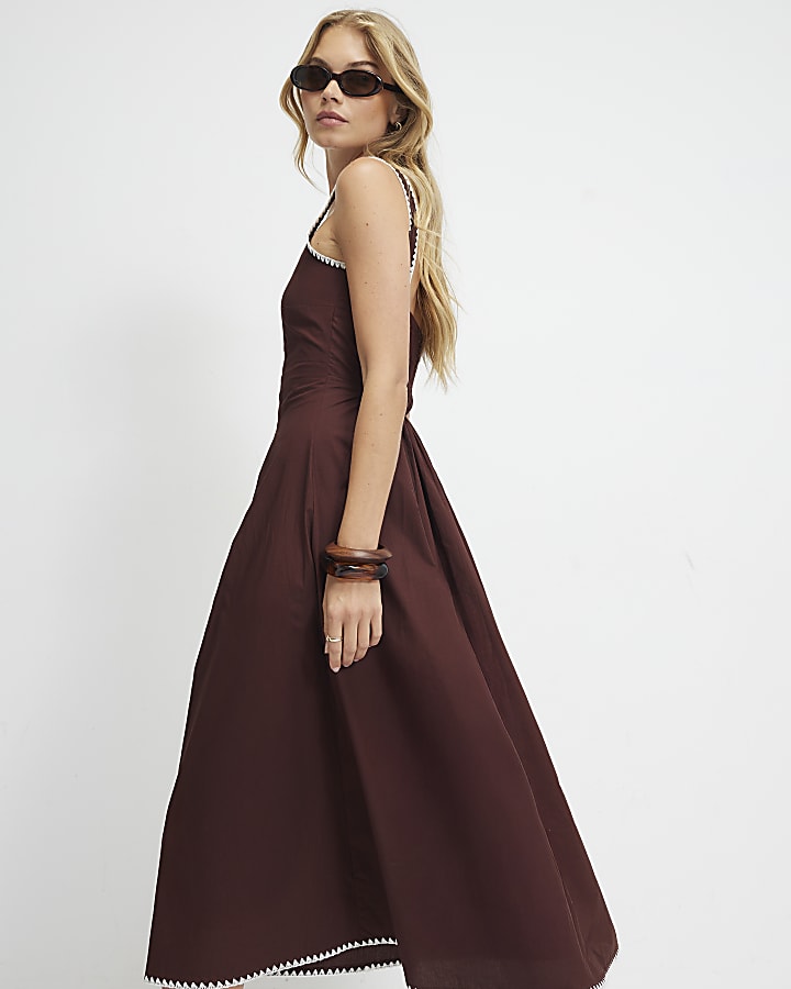 Brown Pleated Poplin Midi Dress