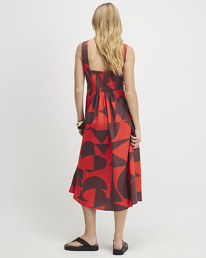 Brown Cotton Poplin Printed Midi Dress