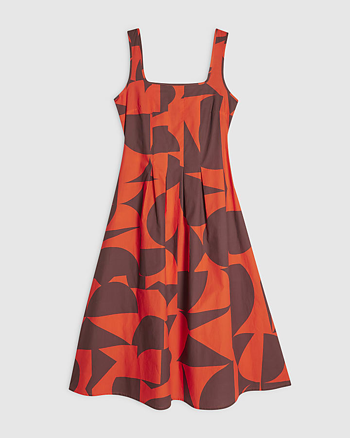 Brown Cotton Poplin Printed Midi Dress