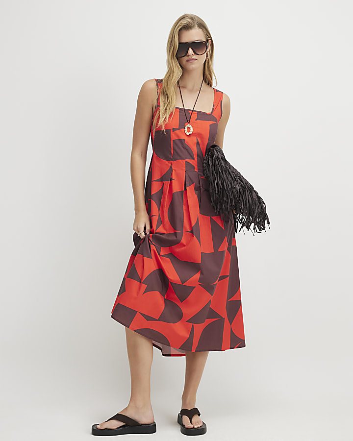 Brown Cotton Poplin Printed Midi Dress