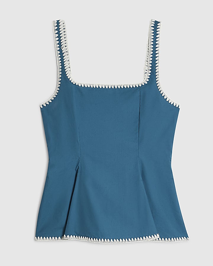 Blue Cotton Whipstitch Peplum Top