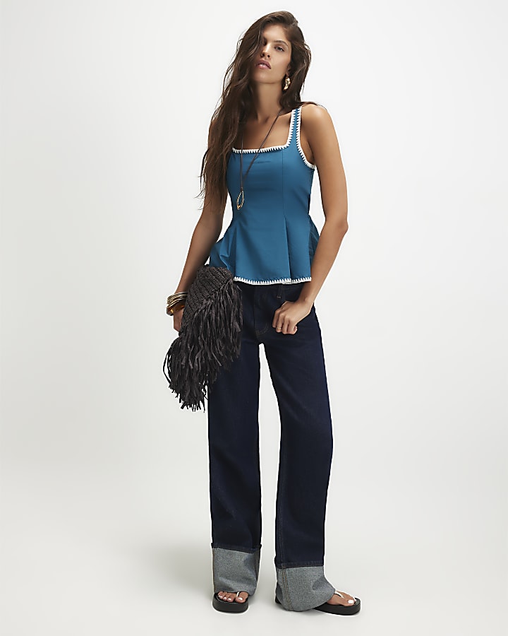 Blue Cotton Whipstitch Peplum Top