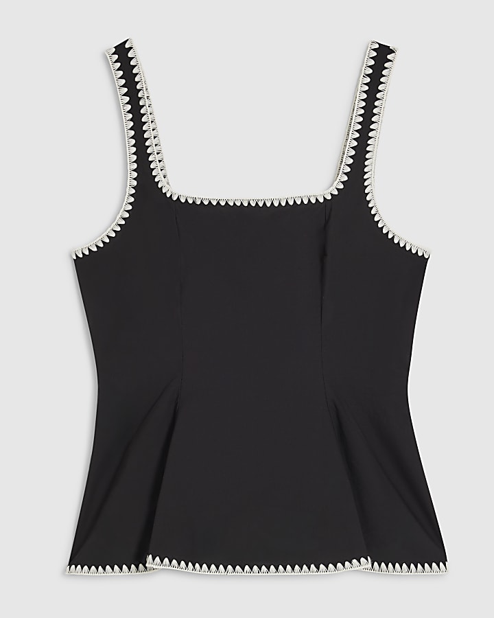 Black Poplin Whipstitch Trim Peplum Top