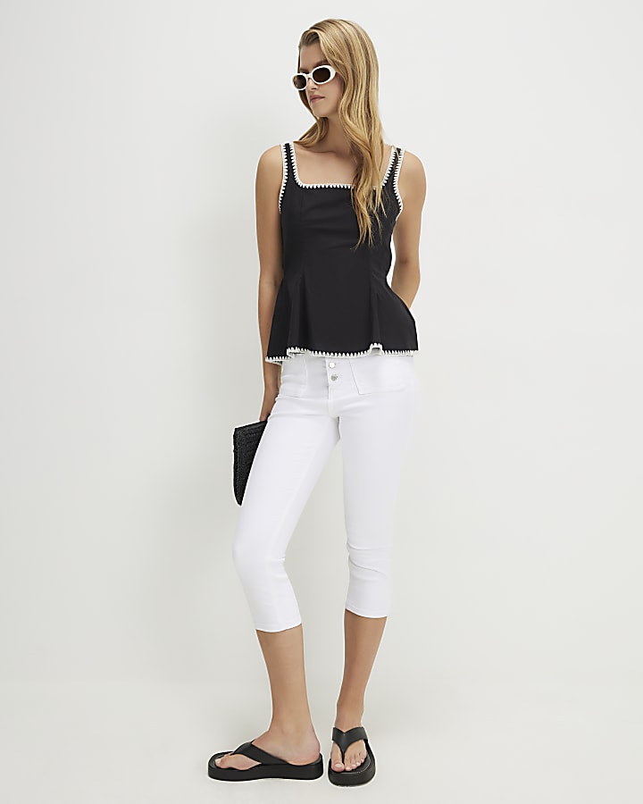 Black Poplin Whipstitch Trim Peplum Top