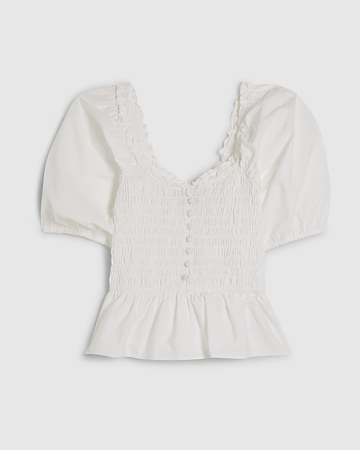 White Puff Sleeve Shirred Top