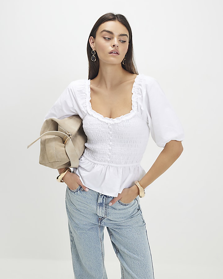 White Puff Sleeve Shirred Top