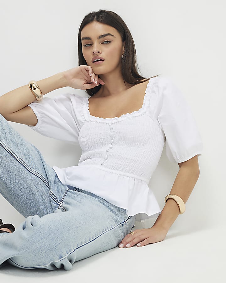 White Puff Sleeve Shirred Top