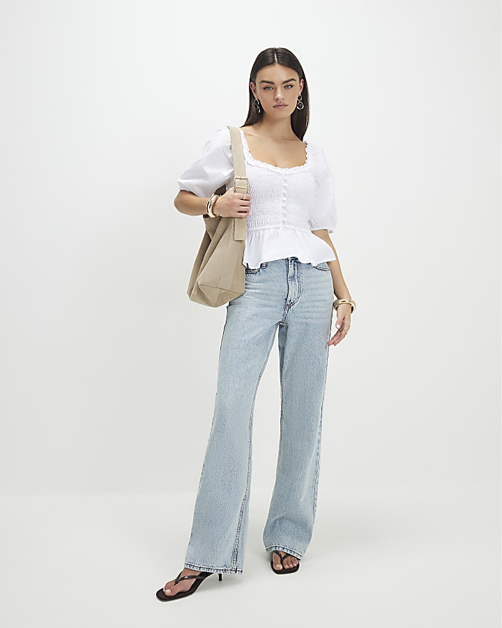 White Puff Sleeve Shirred Top