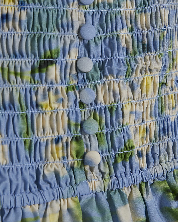 Blue Floral Print Puff Sleeve Shirred Top