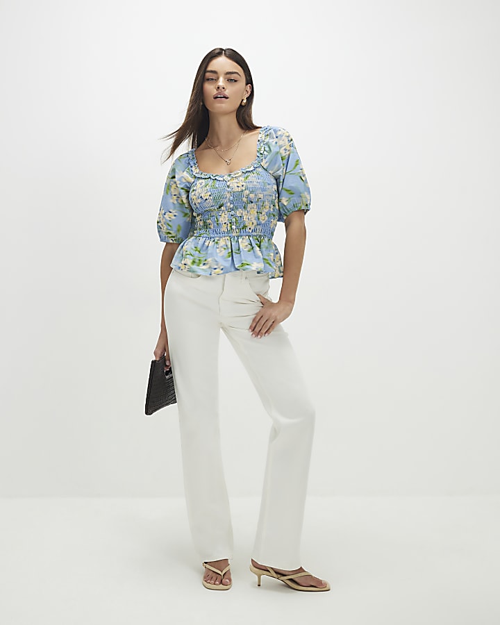 Blue Floral Print Puff Sleeve Shirred Top