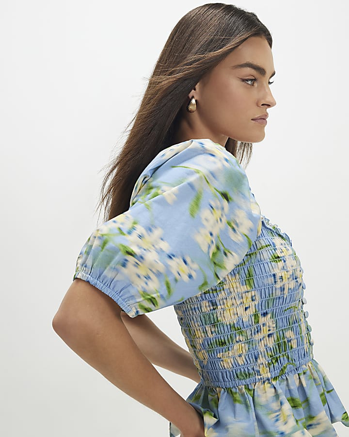 Blue Floral Print Puff Sleeve Shirred Top