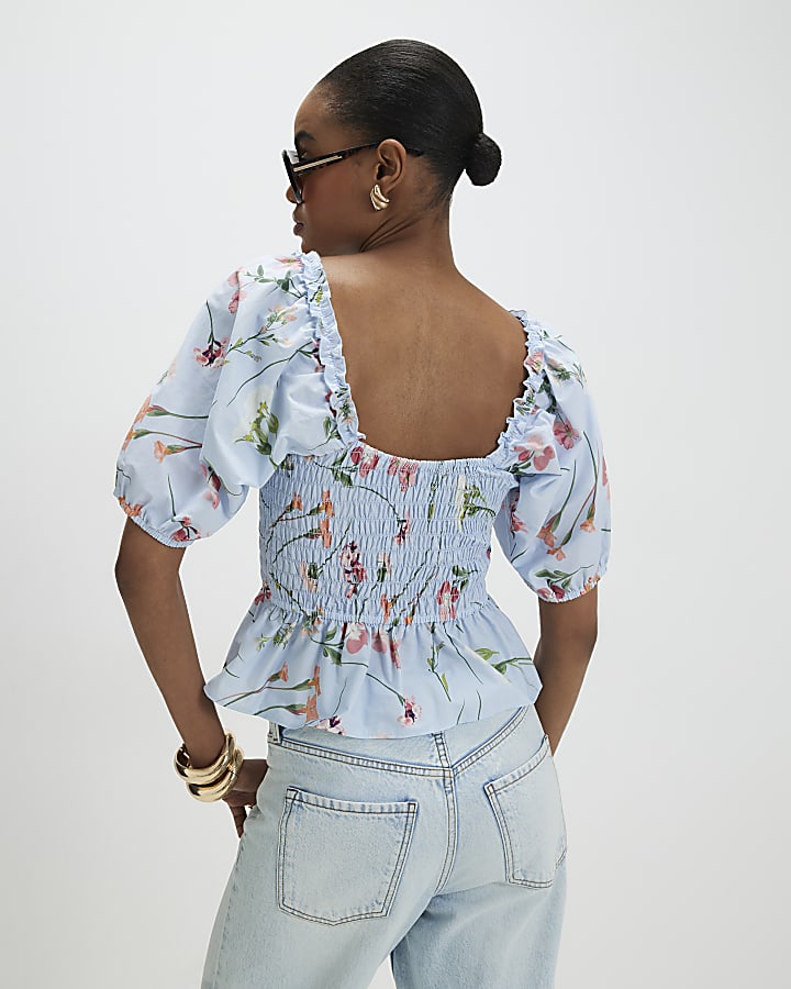 Blue Floral Puff Sleeve Shirred Top