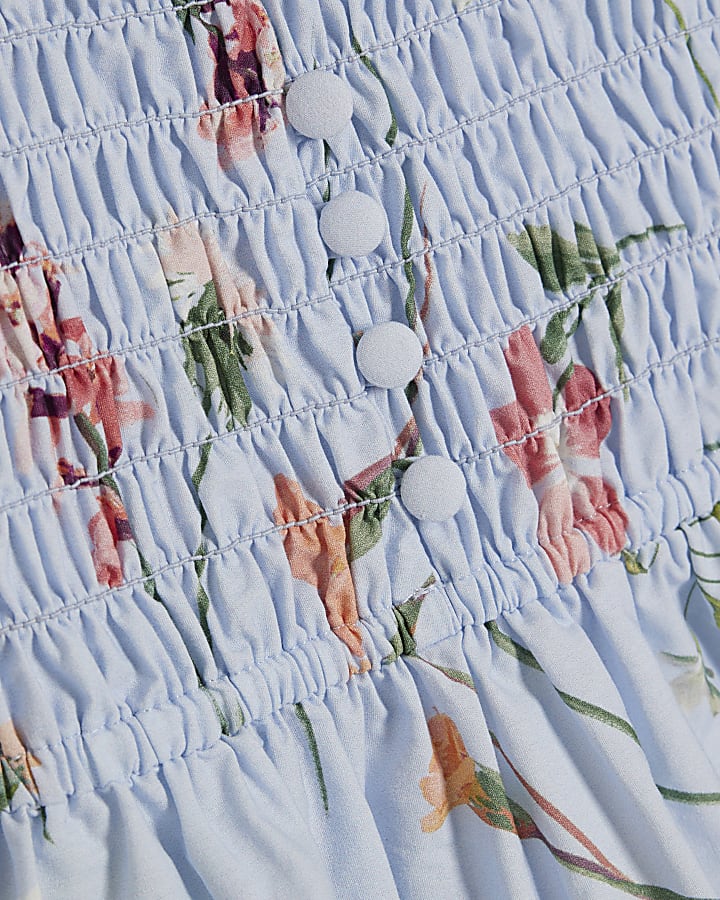 Blue Floral Puff Sleeve Shirred Top