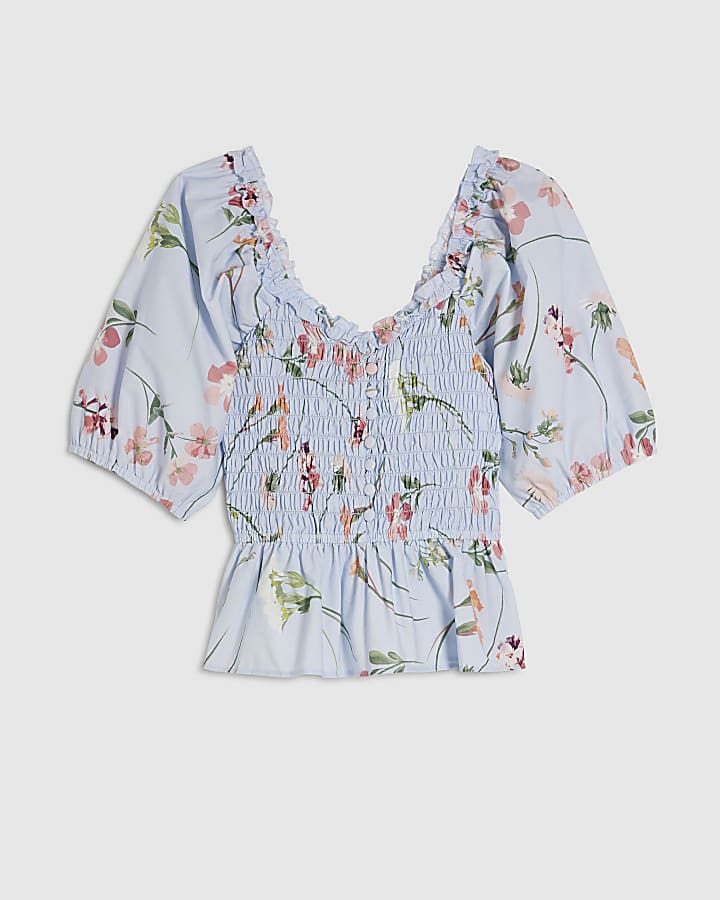 Blue Floral Puff Sleeve Shirred Top