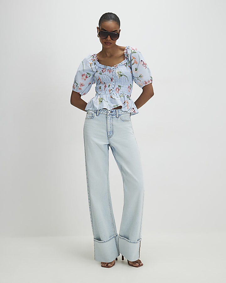 Blue Floral Puff Sleeve Shirred Top