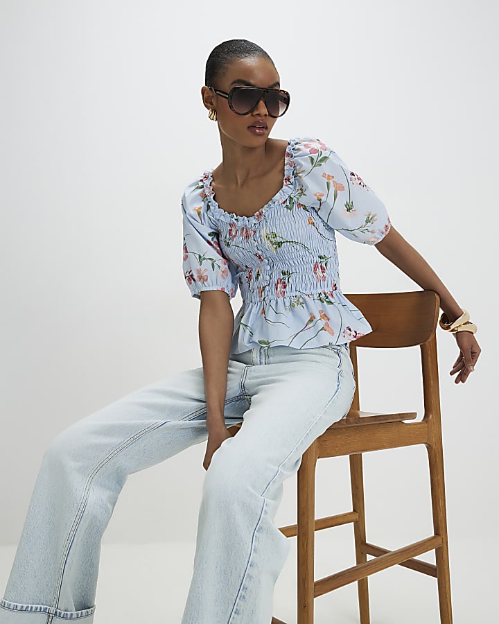 Blue Floral Puff Sleeve Shirred Top