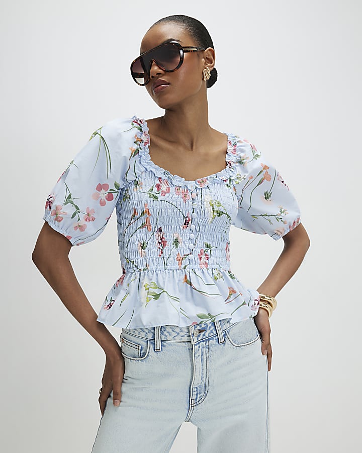 Blue Floral Puff Sleeve Shirred Top
