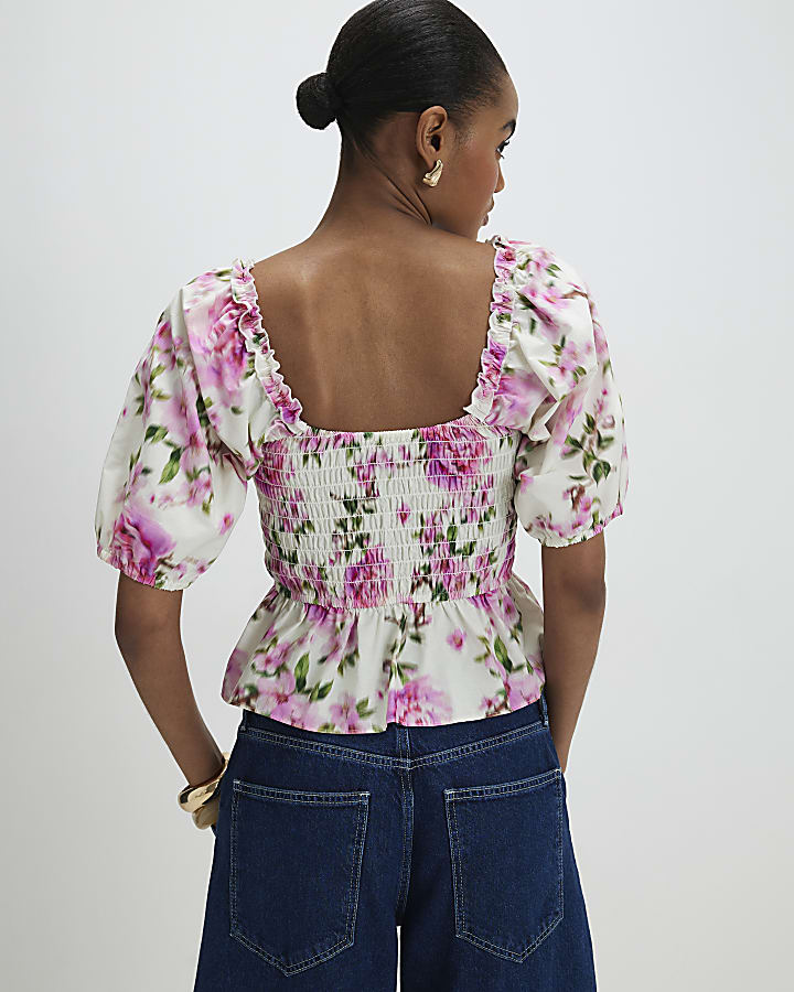 White Floral Puff Sleeve Shirred Top