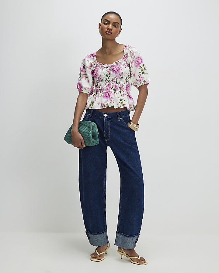 White Floral Puff Sleeve Shirred Top