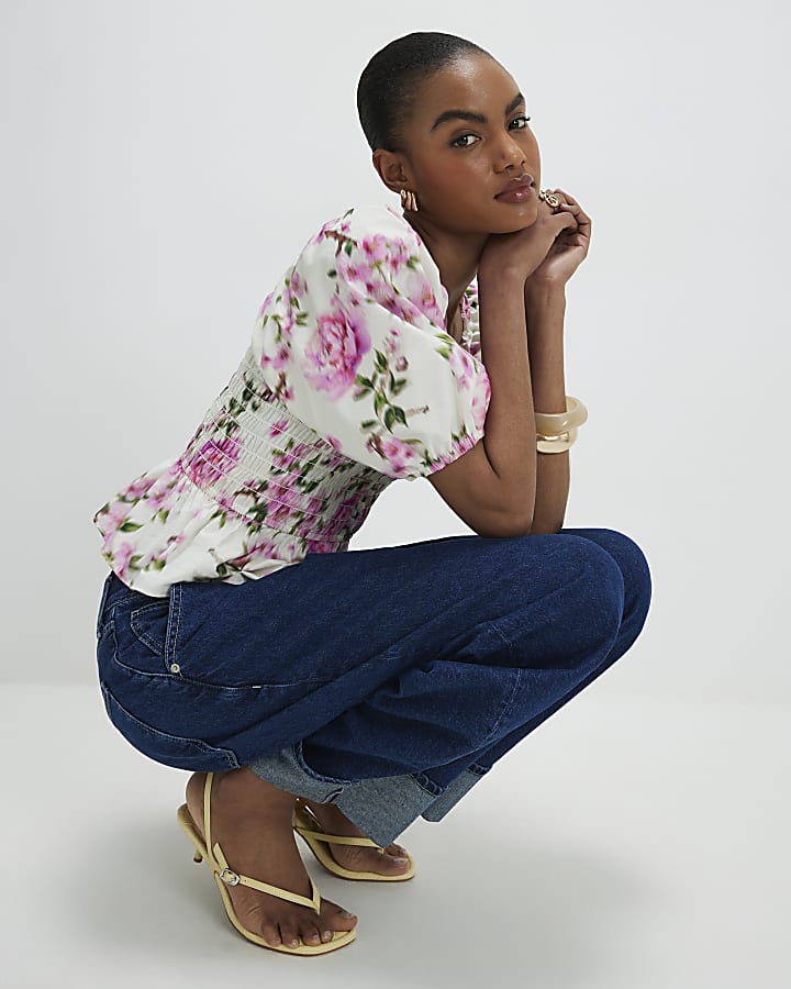 White Floral Puff Sleeve Shirred Top