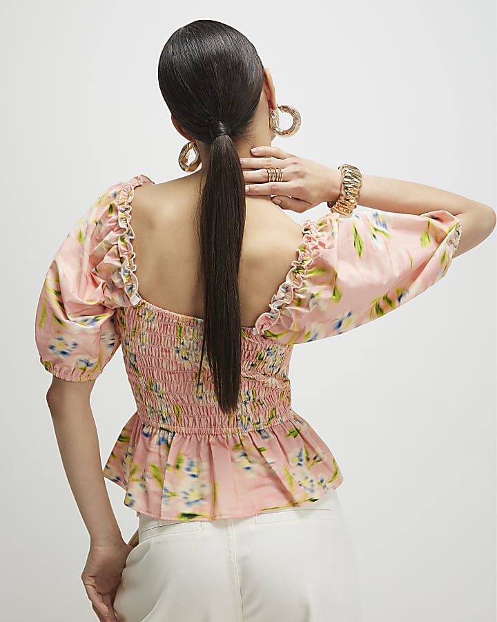 Pink Floral Puff Sleeve Shirred Top