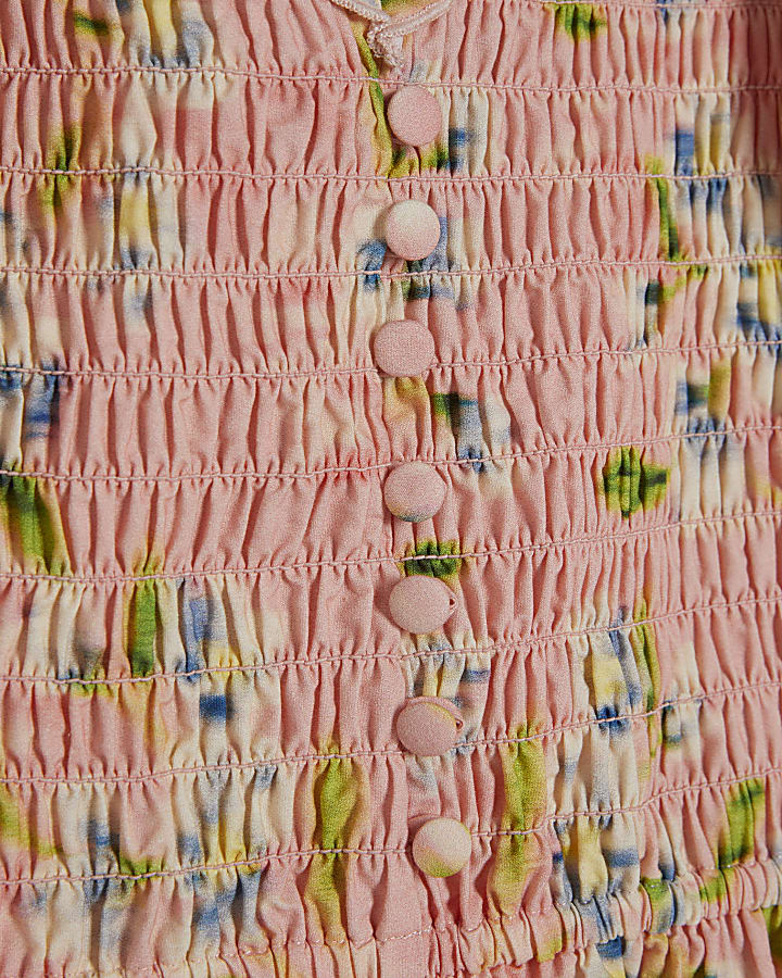 Pink Floral Puff Sleeve Shirred Top