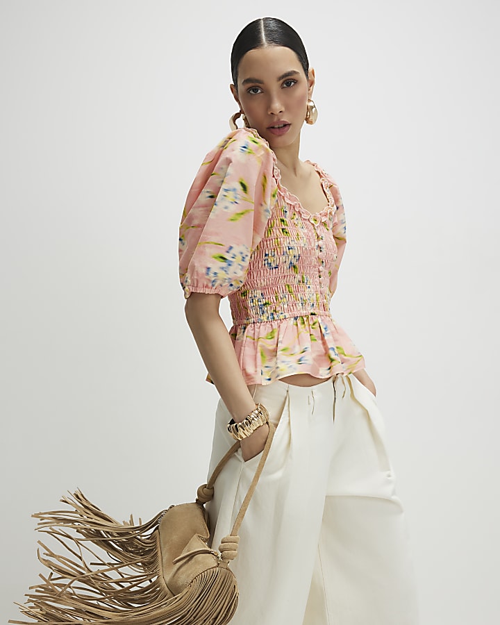 Pink Floral Puff Sleeve Shirred Top
