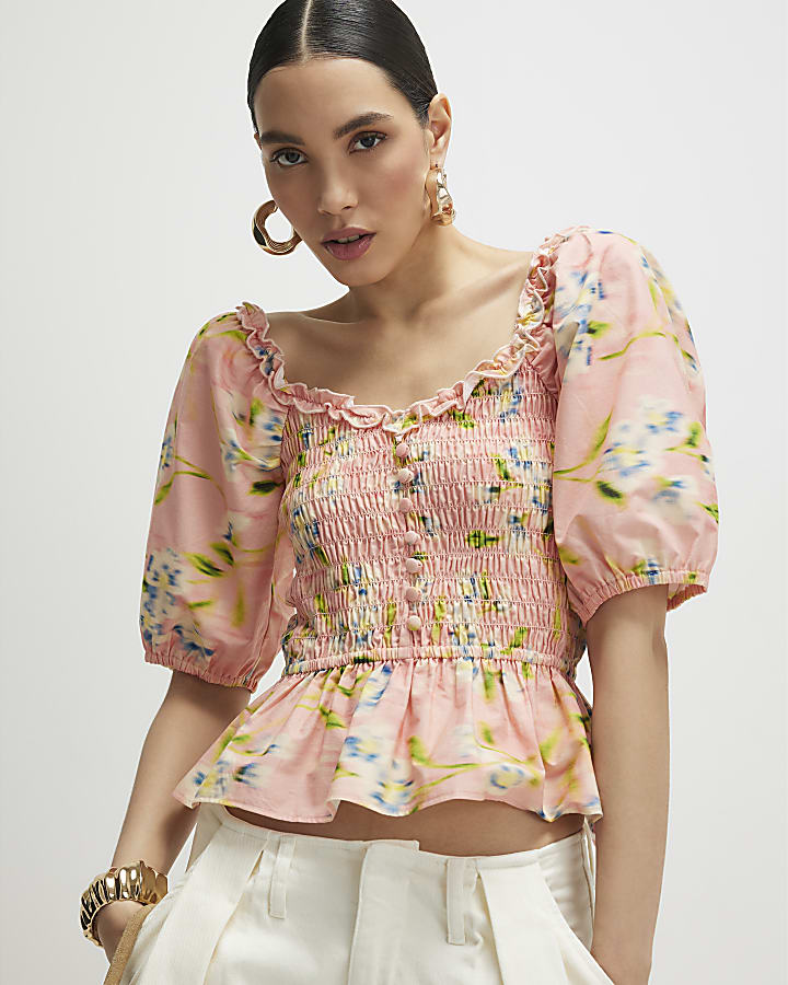 Pink Floral Puff Sleeve Shirred Top