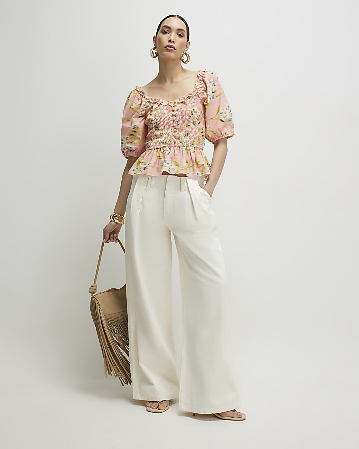 Pink Floral Puff Sleeve Shirred Top