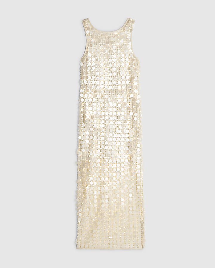 White Sleeveless Sequin Crochet Midi Dress