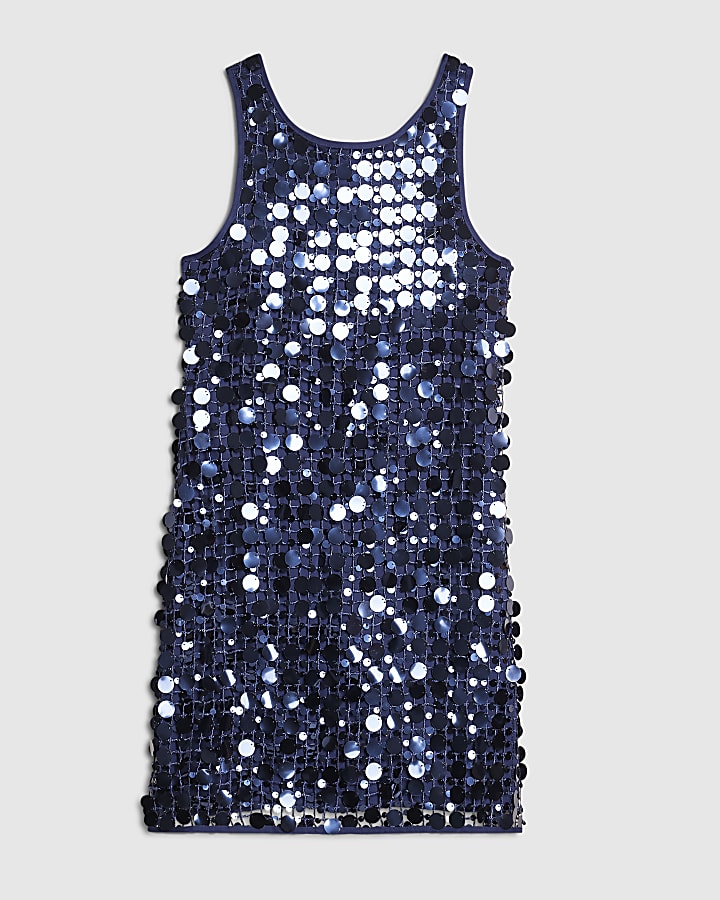 Navy Sleeveless Sequin Crochet Mini Dress