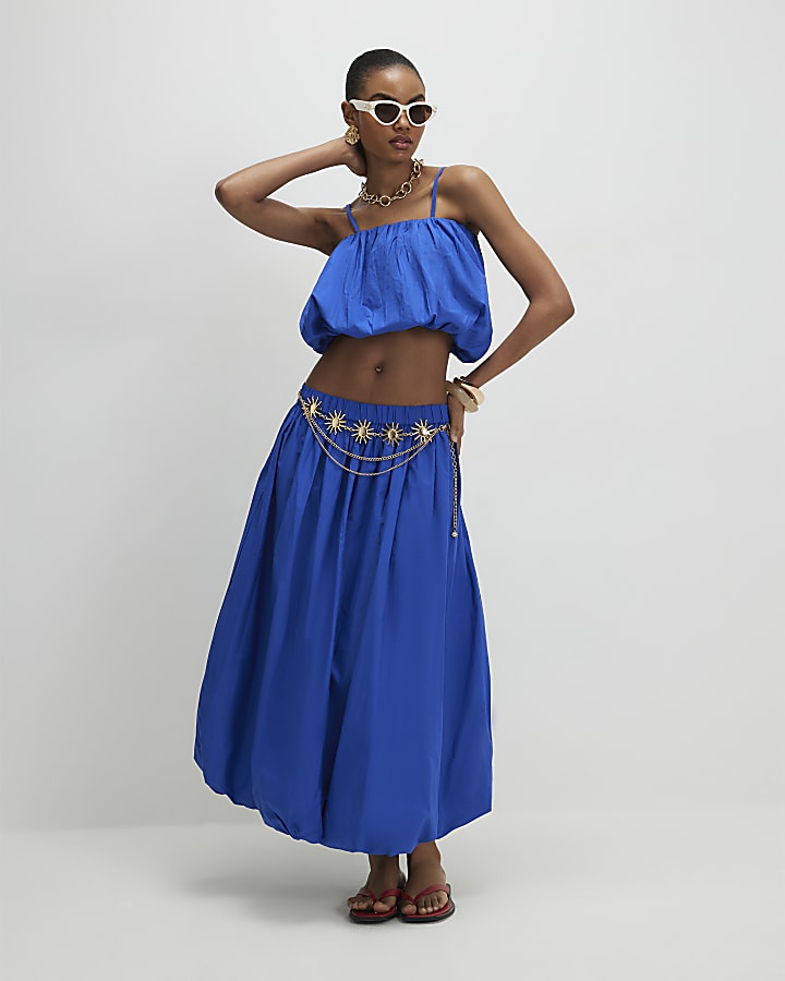 Blue Poplin Bubble Hem Skirt