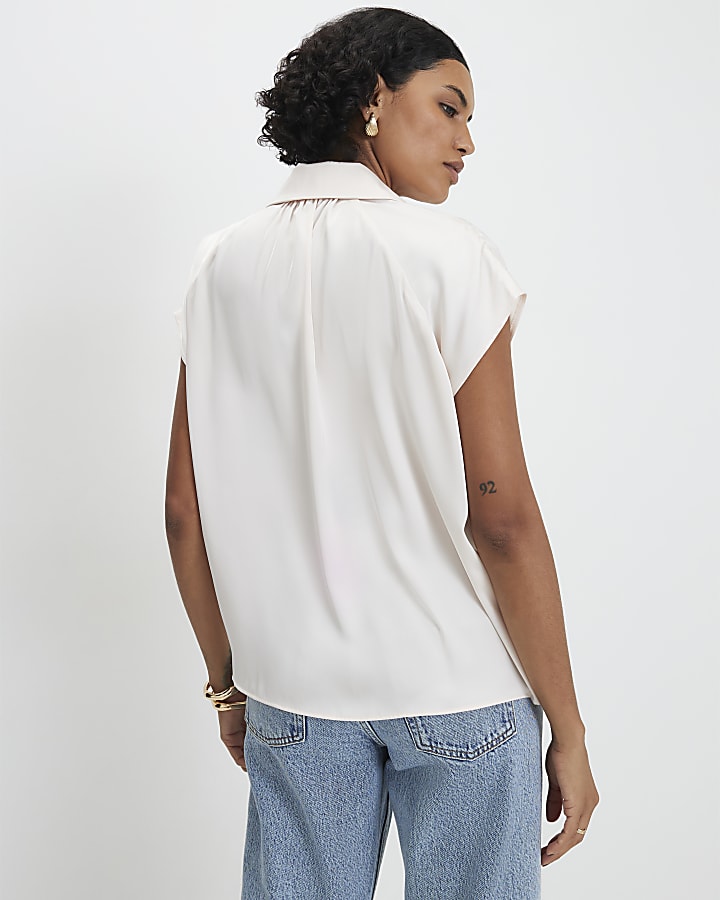 Cream Satin Short Sleeve Shirt