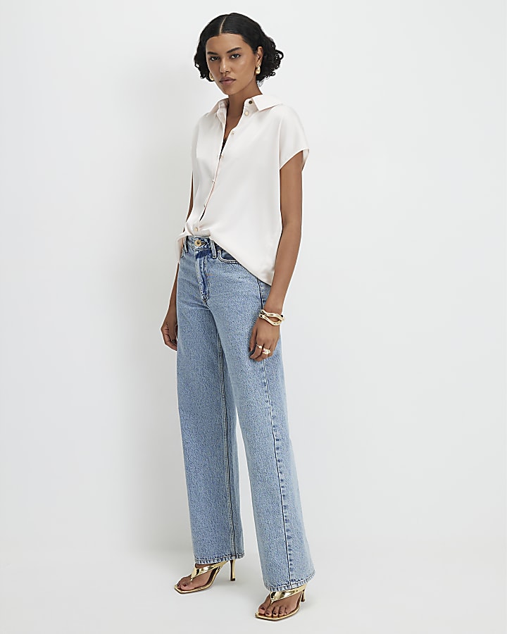 Cream Satin Short Sleeve Shirt