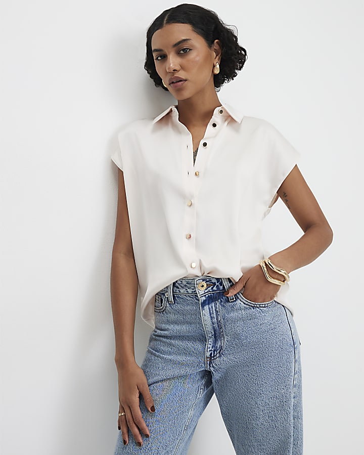 Cream Satin Short Sleeve Shirt