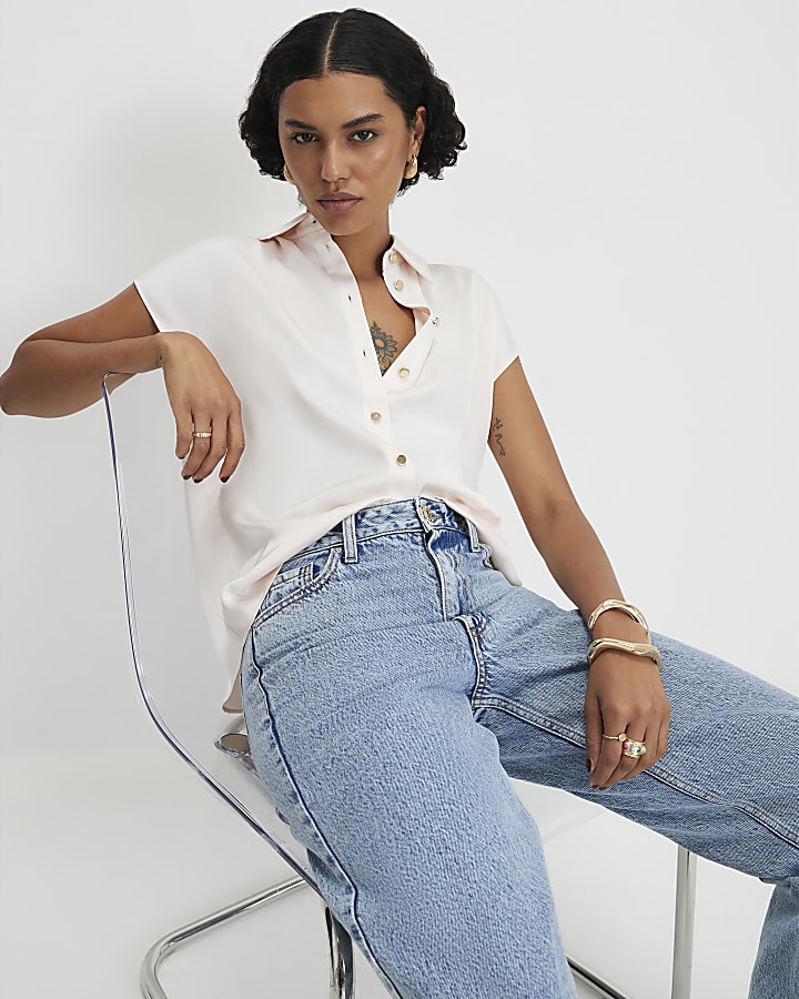 Cream Satin Short Sleeve Shirt