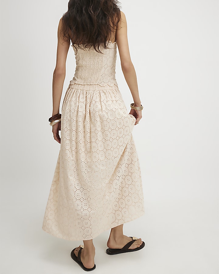 Beige Cotton Broderie Full Maxi Skirt