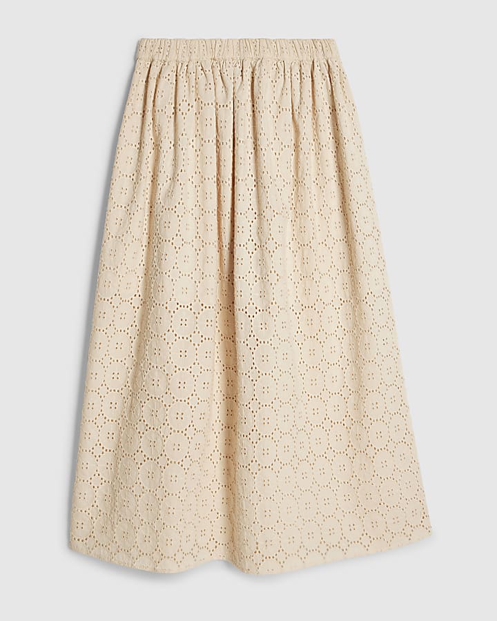 Beige Cotton Broderie Full Maxi Skirt